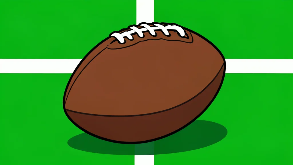 A green football field with white yard lines and a brown leather football resting on the grass