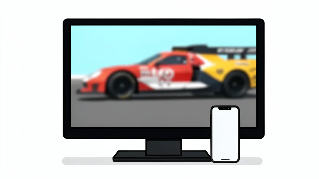 A modern flat-screen television displaying a blurred image of a race car, with a smartphone resting on the stand in front of it
