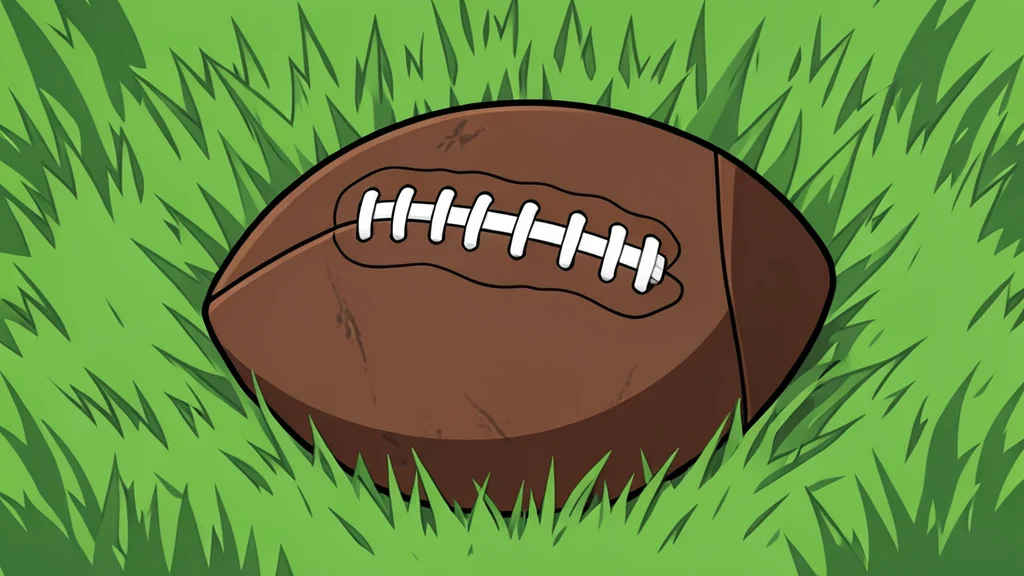 A green grass field with white yard lines and a brown football resting on the turf