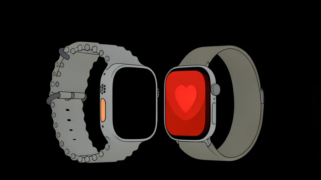 A minimalist illustration of a smartwatch face with a circular progress ring and a heart symbol, set against a blurred running track background.