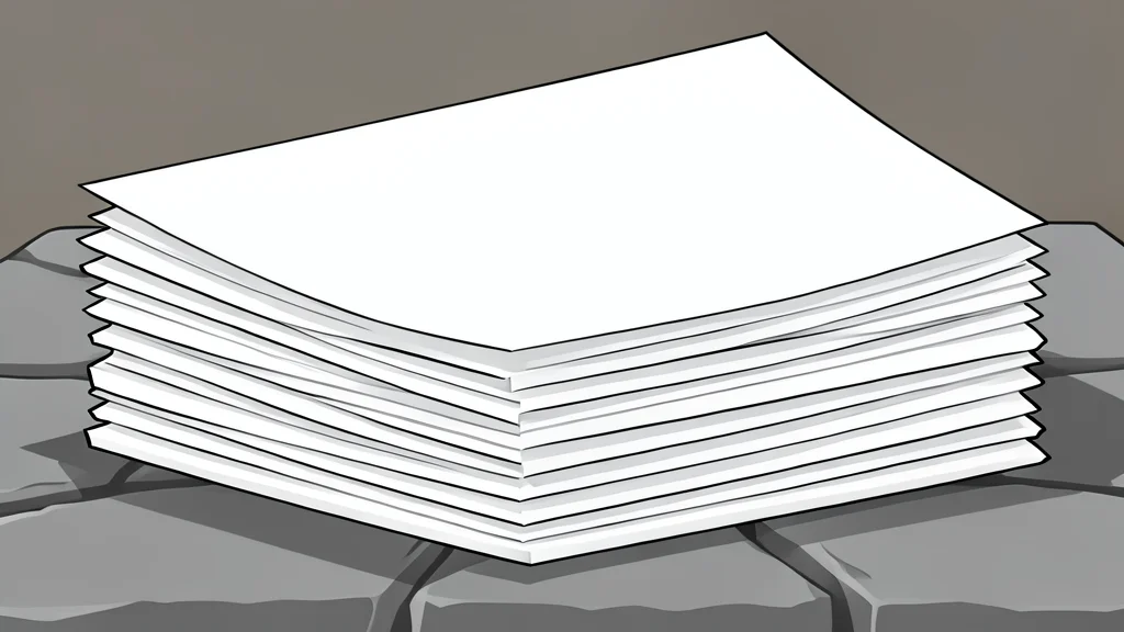 A large stack of white paper sheets piled on a stone surface