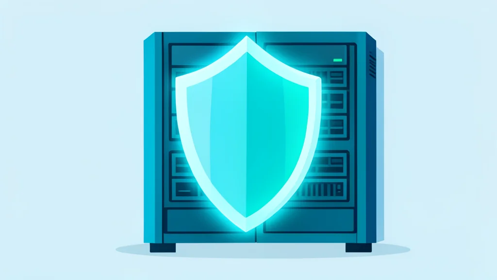 A glowing digital shield protecting a server rack