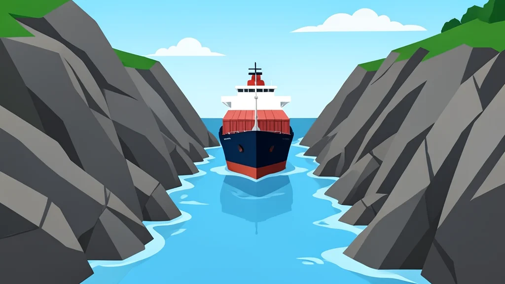 A large cargo ship navigating a narrow waterway between rugged rocky coastlines under a cloudy sky.