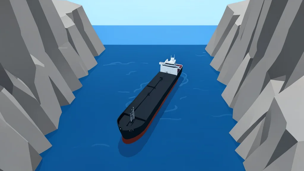 A large tanker ship navigates a narrow waterway between steep rocky cliffs.