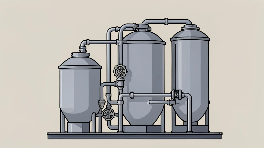 A large industrial water filtration unit with metal pipes and valves