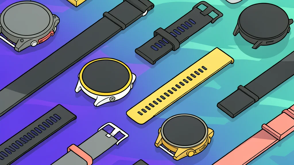 A close-up of a rugged smartwatch face with a digital display showing a heart rate icon, resting on a textured surface.