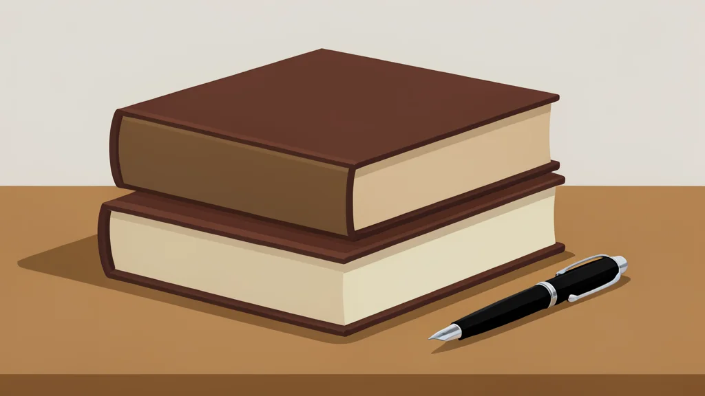 A stack of heavy, bound leather books sitting on a wooden desk next to a fountain pen