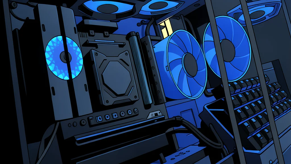 A stylized computer case with glowing internal components