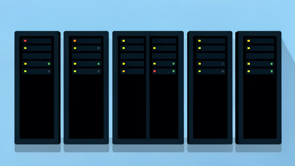 A server room with rows of black computer towers and blinking status lights