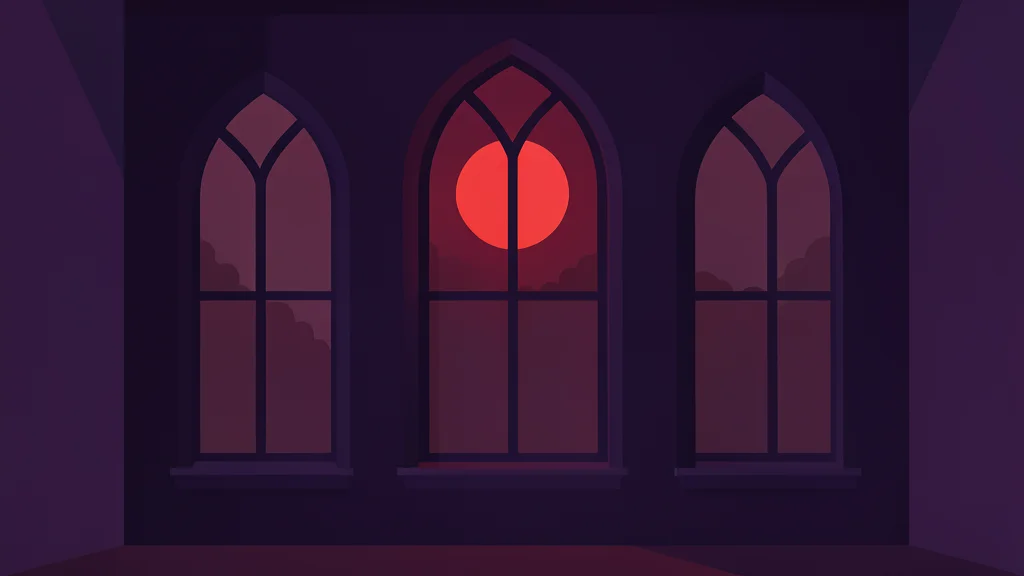 A dark gothic manor interior with tall arched windows showing a blood-red moon.