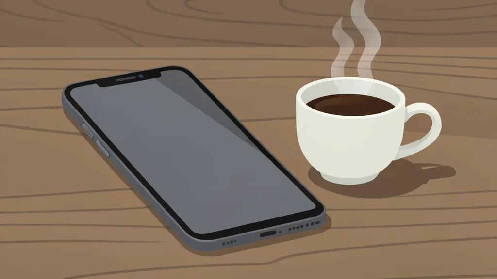 A smartphone resting on a wooden desk next to a cup of coffee