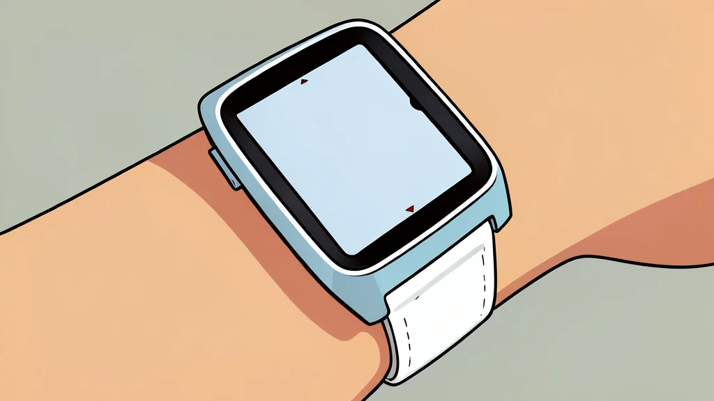A minimalist smartwatch with a rectangular e-paper display resting on a wooden desk