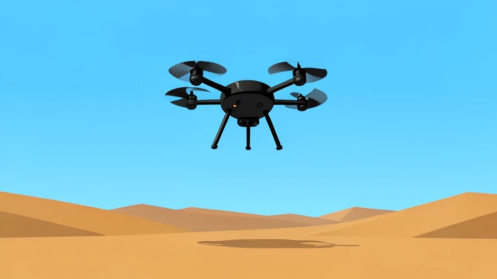 A small, four-rotor unmanned aerial vehicle hovering in a clear sky above a dusty, arid landscape.