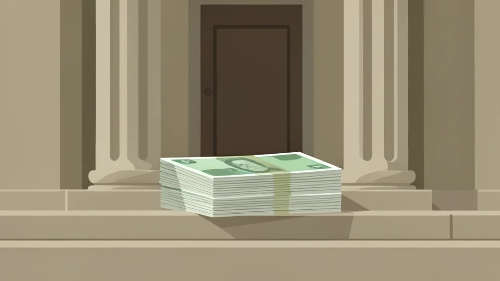 A stack of paper currency resting against the facade of a classical government building