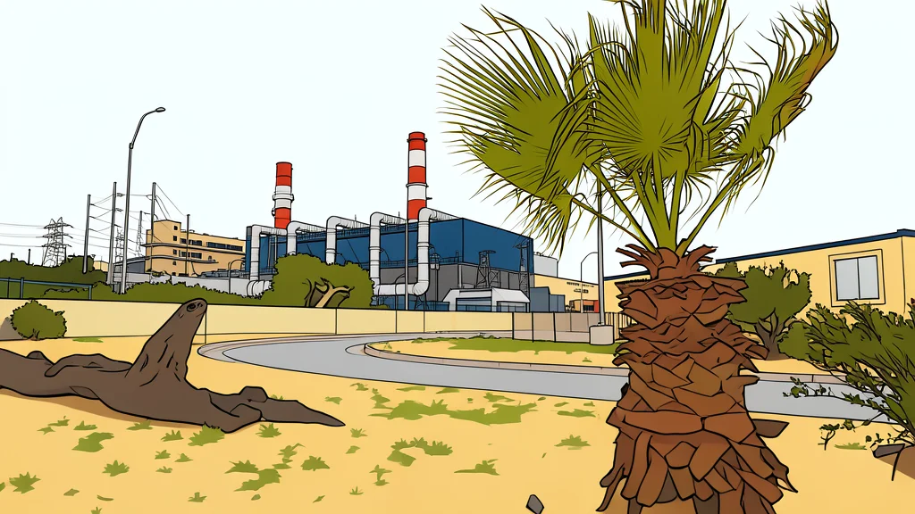 A large industrial gas turbine engine situated on a concrete foundation near a coastline