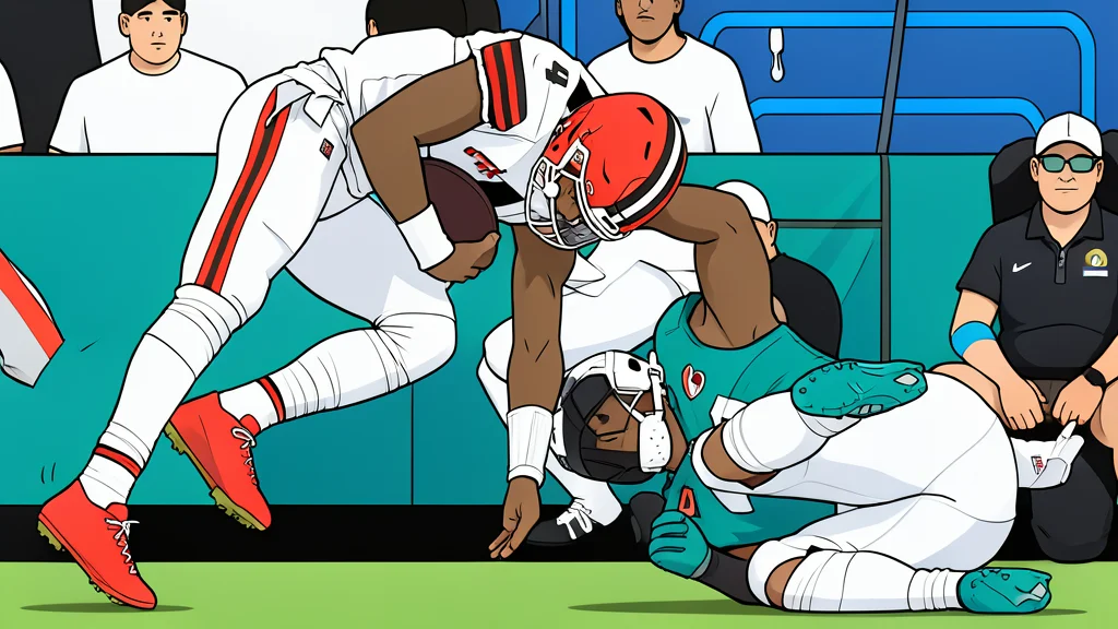 A green football field with white yard lines and a brown leather football resting on the grass