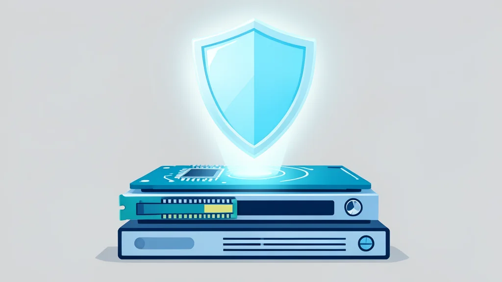 A glowing digital shield hovers protectively over a stack of abstract computer hardware components.