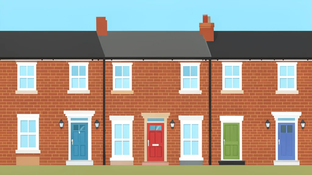 A row of brick terraced houses with white-framed windows and front doors