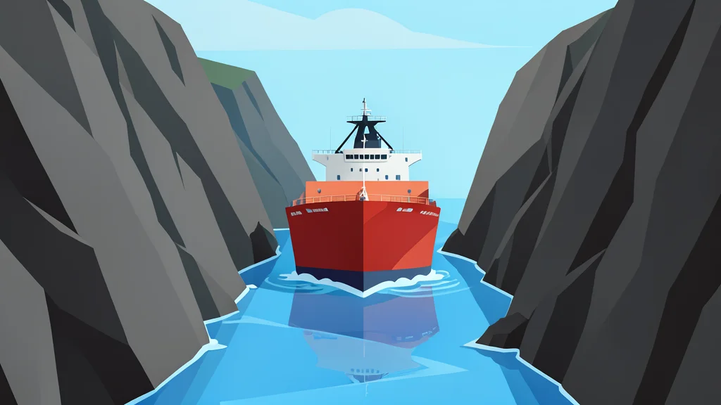 A large oil tanker ship navigating through a narrow, rocky strait