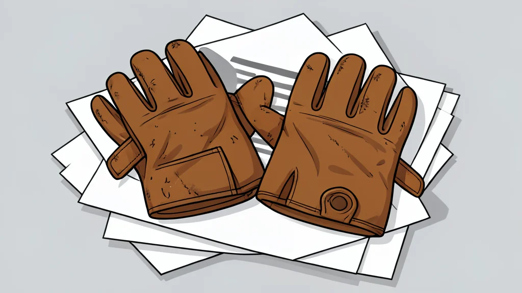 A pair of work gloves resting on a wooden workbench next to a rolled-up blueprint