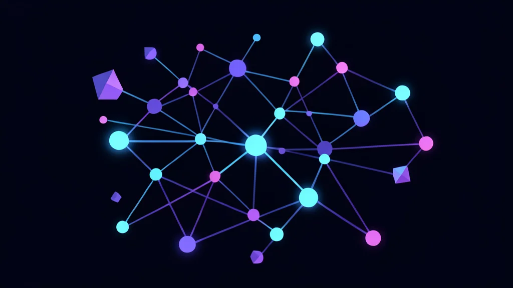 A complex network of glowing digital nodes and connecting lines floating in a dark void
