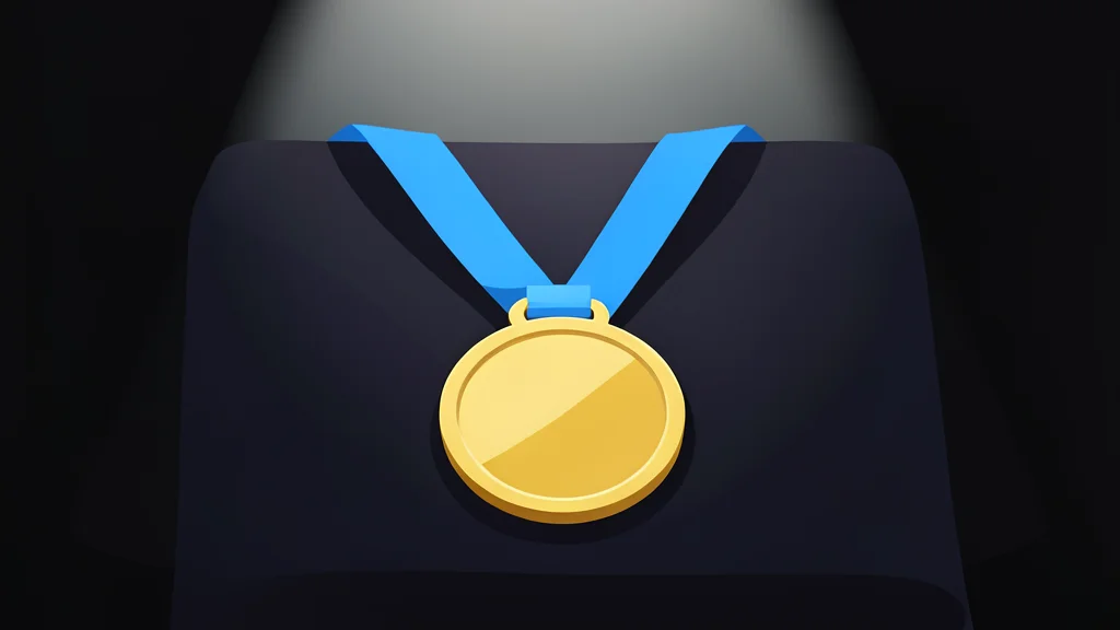 A gold medal hanging from a blue ribbon