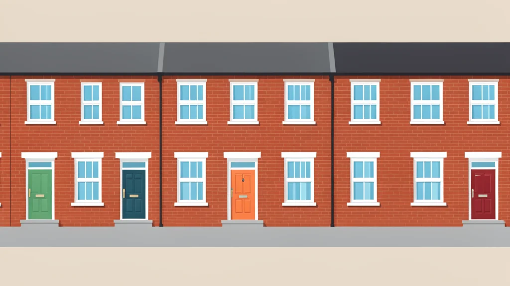 A row of brick terraced houses with white-framed windows and front doors