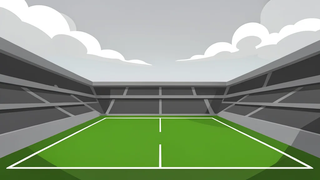 A large, open-air stadium with green grass and white boundary lines under a cloudy sky