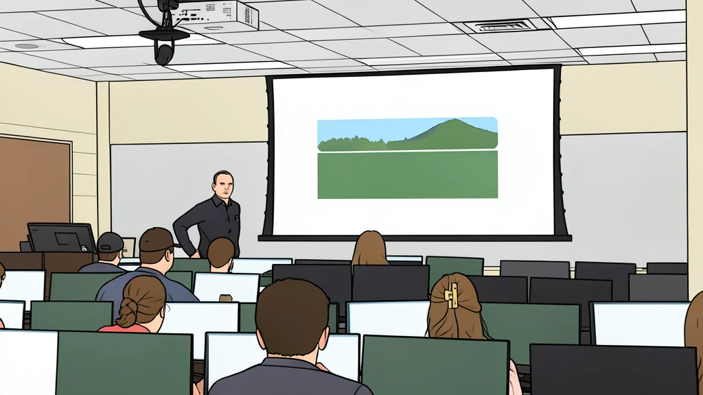 A quiet university lecture hall with rows of empty wooden desks and a large blank whiteboard in the foreground.