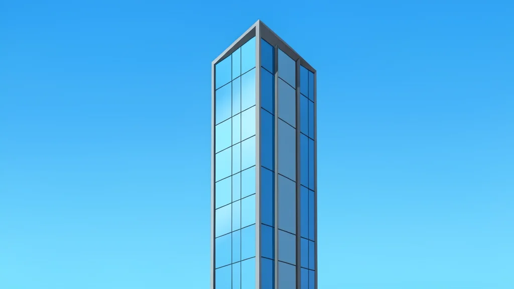 A modern glass skyscraper reflecting a clear blue sky