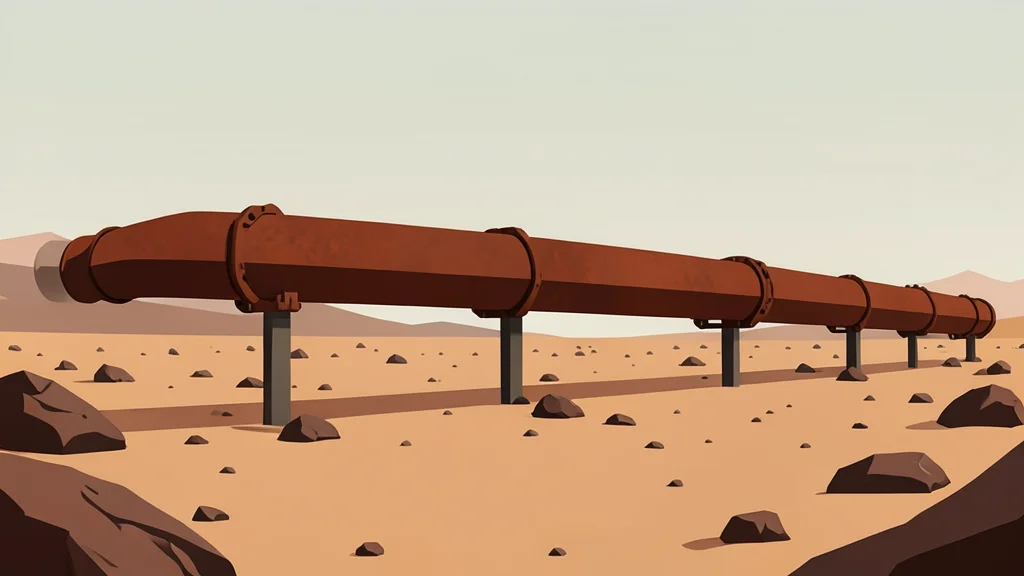 A long, rusted steel pipeline stretching across a dry, rocky desert landscape under a hazy sky.