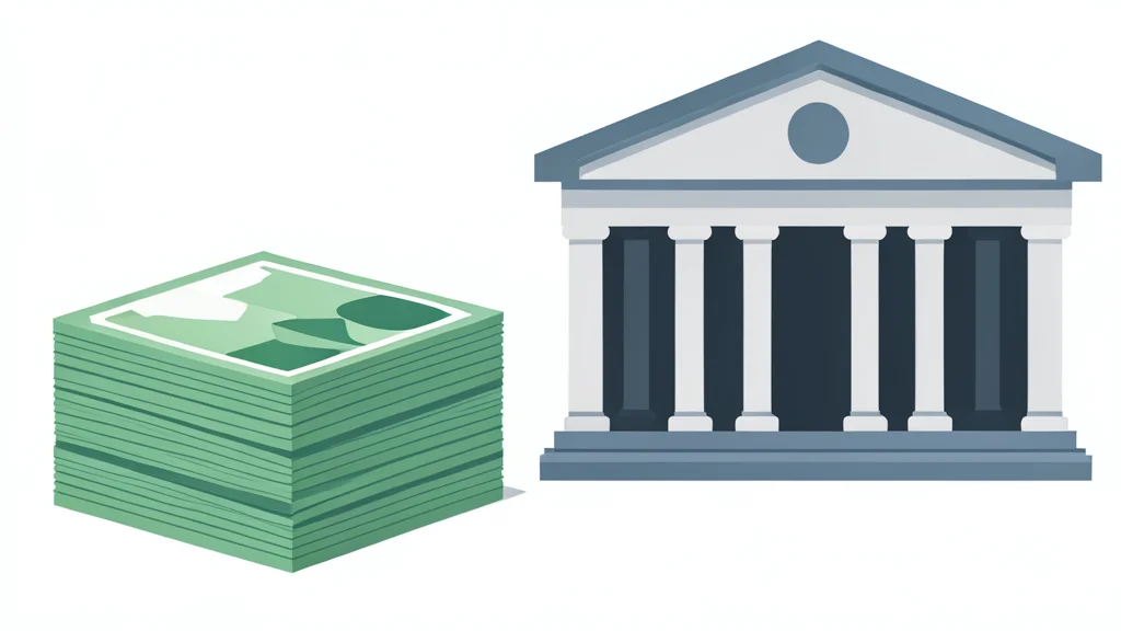 A flat vector illustration of a neat stack of currency notes next to the simplified facade of a government building