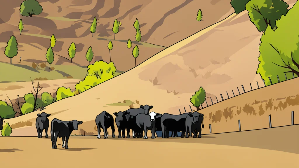 A dry, cracked earth field with sparse, yellowed grass under a bright sun