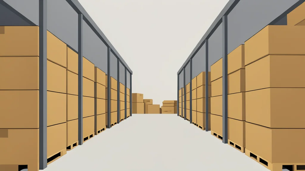 A large warehouse aisle filled with stacked cardboard boxes and bulk goods