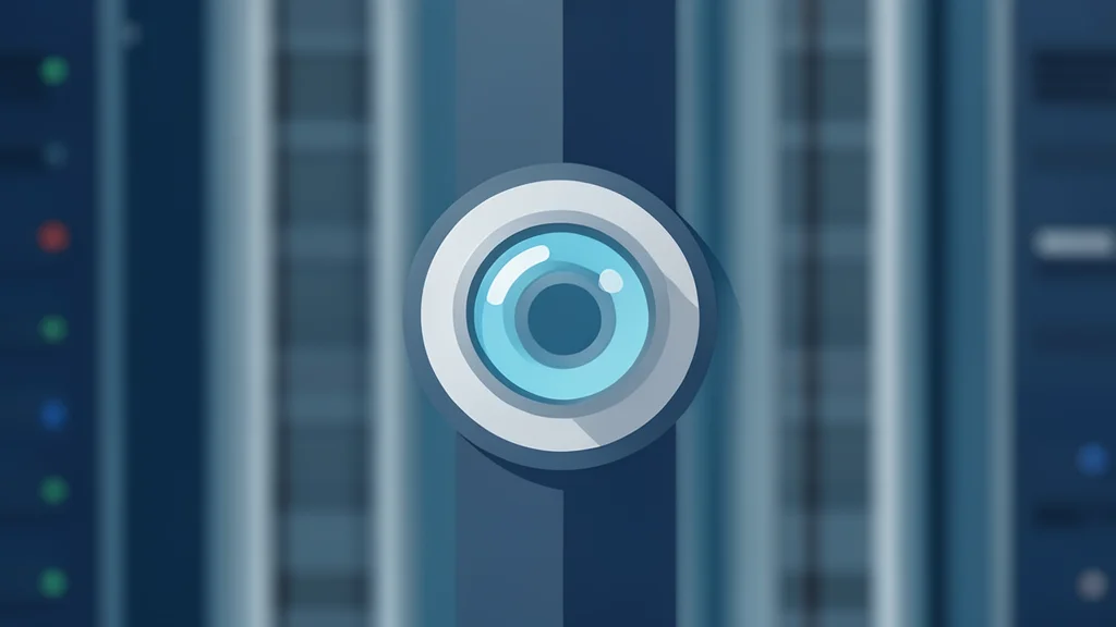 A close-up of a fiber optic cable connector with a glass core, surrounded by a blurred background of server racks.