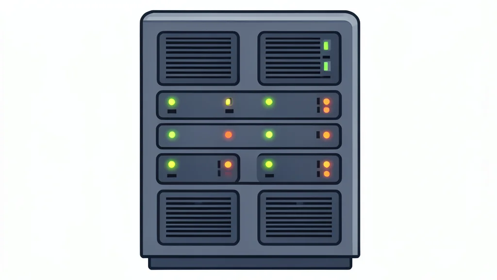 A server rack in a data center with blinking status lights