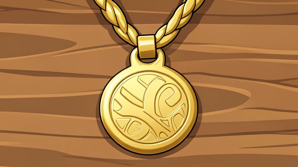 A polished gold medal resting on a wooden podium
