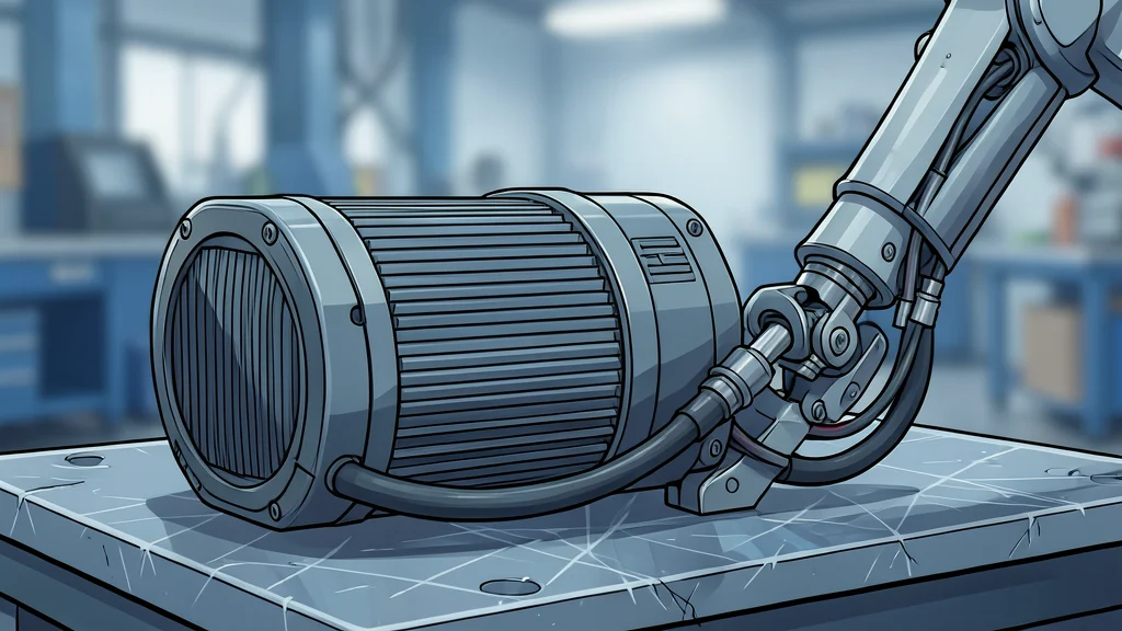 A cylindrical battery pack resting on a metallic workbench next to a robotic arm joint