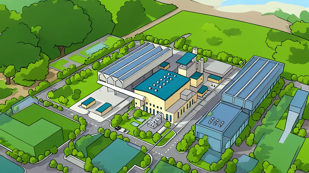 A large industrial gas turbine engine with visible piping and cooling fins in a flat vector style.