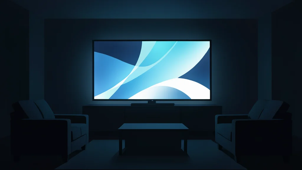 A modern living room with a large television screen glowing softly in a darkened space