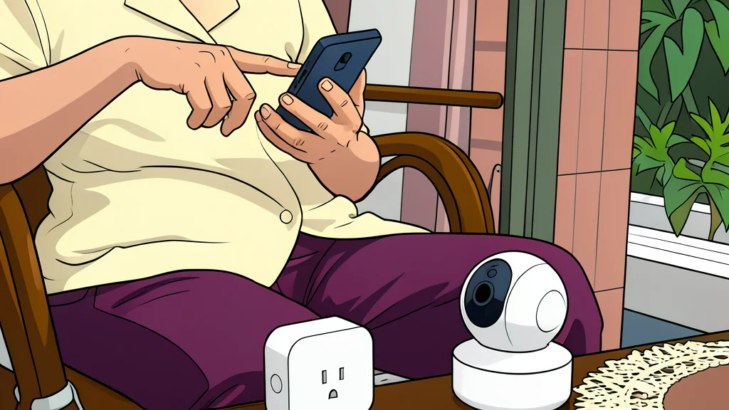 A modern living room interior featuring a smart door lock and a wall-mounted security camera