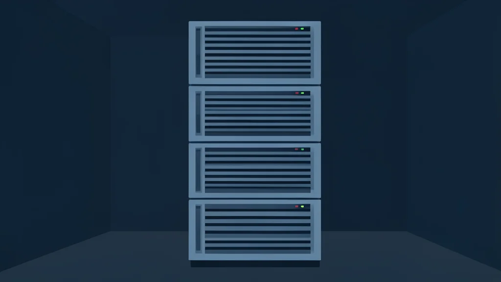 A stack of server racks in a dimly lit room