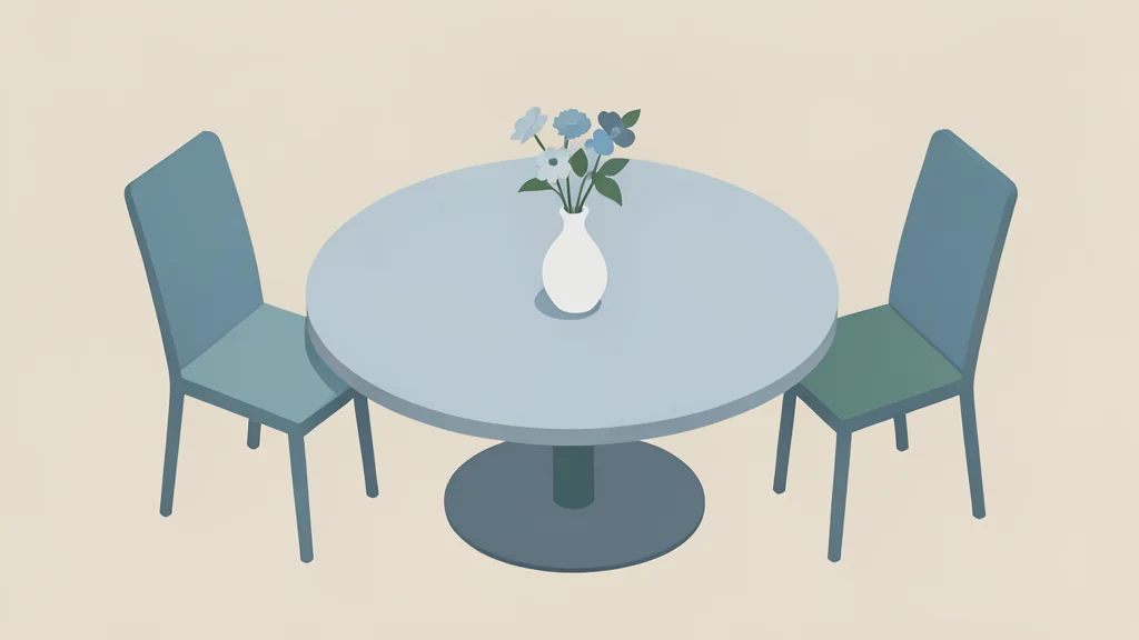 A minimalist vector illustration of a round diplomatic table with two chairs and a central vase of flowers.
