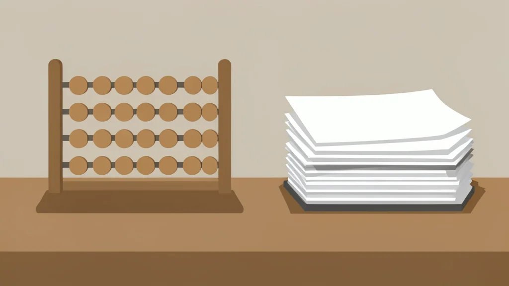 A wooden trading desk featuring a mechanical abacus and a stack of paper ledgers