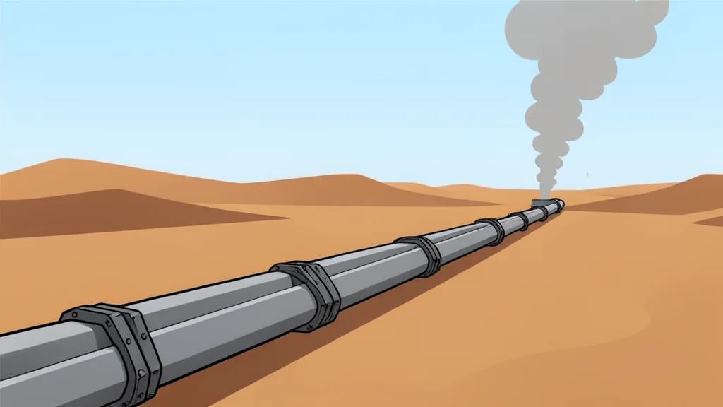 A long industrial pipeline running through a desert landscape with smoke rising from a distant point