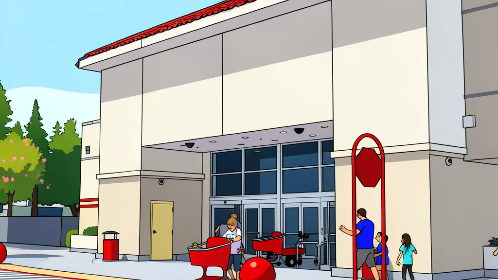 A red shopping cart standing in an empty aisle of a large retail store
