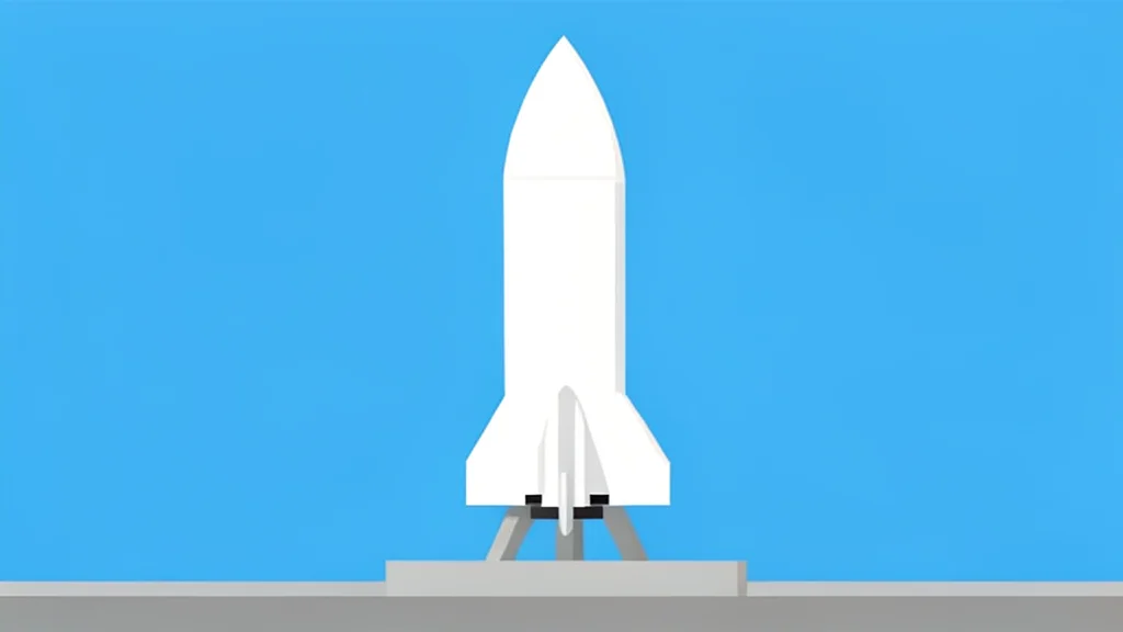A white rocket standing vertically on a concrete launch pad against a clear blue sky