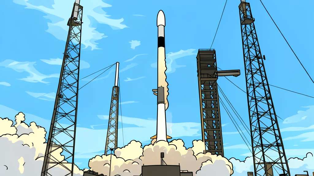 A white rocket booster standing vertically on a concrete launch pad surrounded by green scrubland