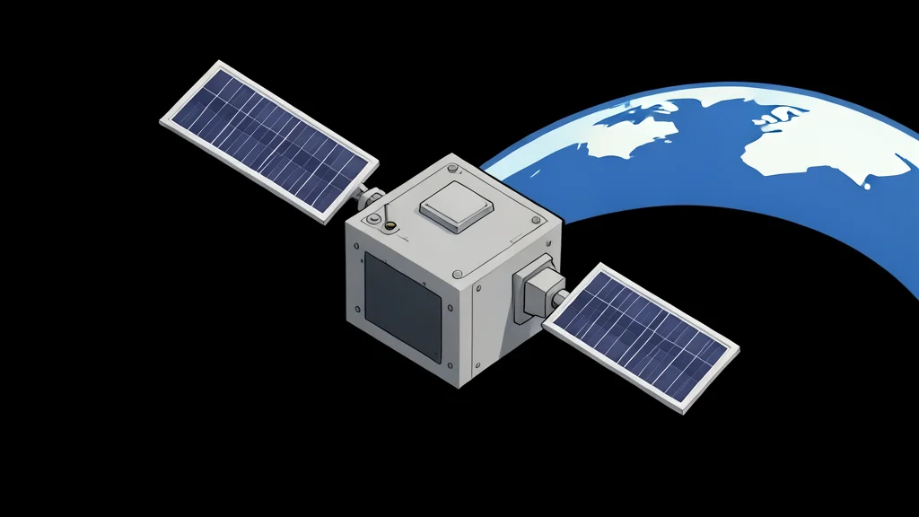 A small, box-shaped satellite with solar panels extending from its sides, floating against the blackness of space with Earth's horizon visible in the background.