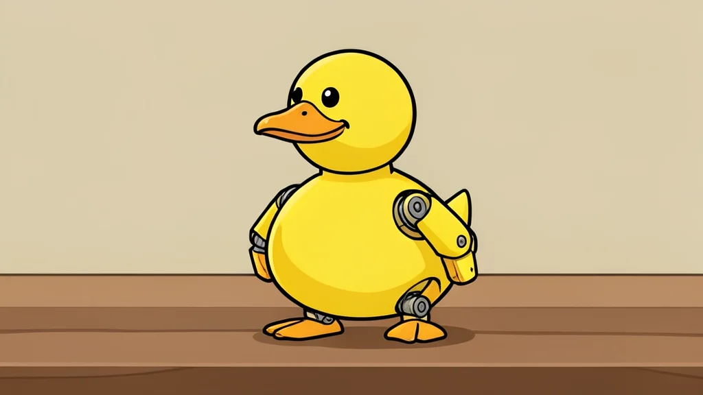 A small, yellow, duck-shaped mechanical figure standing on a wooden table